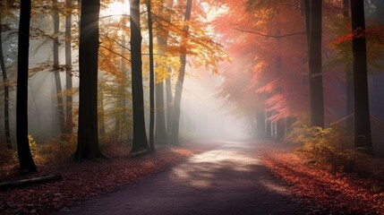 Autumn forest with a blanket of multicolored leaves and misty light rays