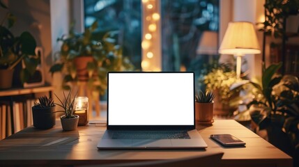 Cozy Home Office Setup with Laptop and Plants in Warm Ambient Lighting