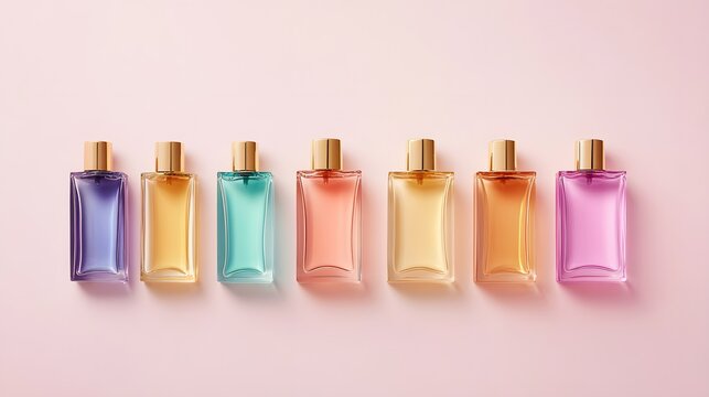 Soft pink background, luxury perfume bottles, colorful glass flacons, gold, purple, blue, orange fragrances, rectangular bottles, metallic caps, minimalist composition, product photography.