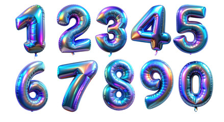 Holographic foil balloon shaped as the number 0-9. Iridescent colors on a shiny surface, perfect for celebrations, birthdays, and events. Isolated on transparent background