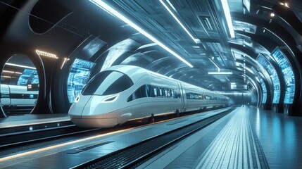 A sleek high-speed train in a futuristic underground station, illuminated by blue neon lights, showcasing advanced transportation technology and modern design.