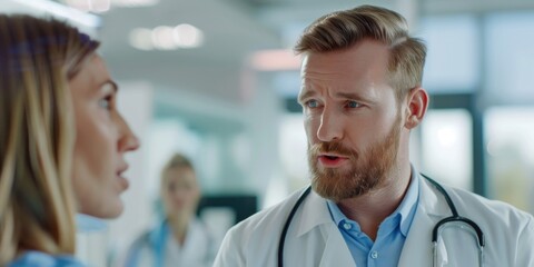 Fototapeta premium A scientist in a lab coat discussing with a woman, possibly about research or experimentation