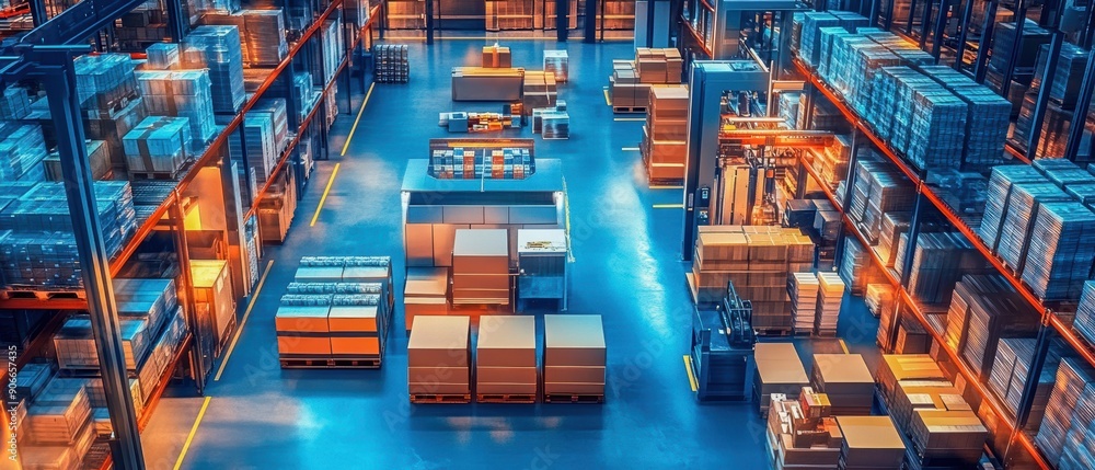 Poster top view of a warehouse with ai-driven processes, quick product retrieval, advanced logistics techno