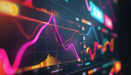 A dashboard displaying various stock market data. The data is displayed in the form of graphs and charts. The colors used in the dashboard are blue, orange, and green.