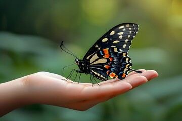 Obraz premium Colorful Butterfly Resting on a Hand in Nature Perfect for Nature Photography, Wildlife Displays, and Inspirational Posters