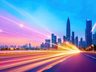 Vibrant cityscape at dusk with light trails and towering skyscrapers