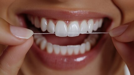 Fototapeta premium Close-Up of Woman Flossing Teeth