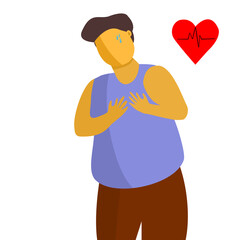 Overweight man suffering from chest pain heart attack, copy space for text, obese people with health problems concept. 