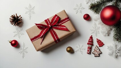 Christmas and New Year holiday background. Xmas greeting card. Christmas gifts on white background top view. Noel. Flat lay