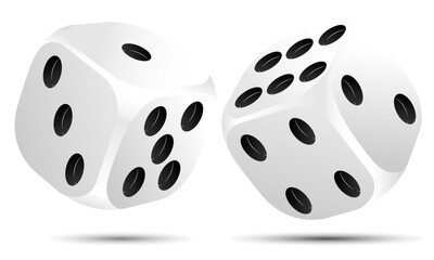 Set of white realistic looking dice falling, casino graphic element isolated on a transparent background