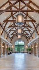 Obraz premium Large indoor area features a stunning view of a green garden through expansive windows, with a polished floor reflecting the architectural beauty