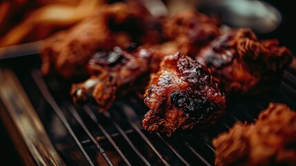 Deliciously grilled chicken pieces on a barbecue rack, highlighting a golden-brown texture, perfect for food lovers and cooking enthusiasts.
