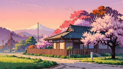 Obraz premium Dawn in the Countryside retro lofi anime japanese style
