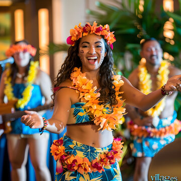 Polynesian dancer is smiling with a flower lei while performing a traditional dance