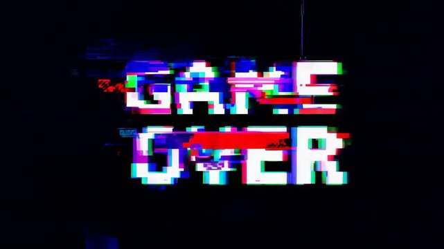 Retro animation of glowing text THE END with glitch effect on black background. 8 bit game final screensaver. Comic style computer letters. Game design, console death screen concept
