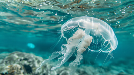 Obraz premium A mesmerizing jellyfish glides gracefully underwater, its translucent body and delicate tentacles illuminated by sunlight, creating a beautiful and ethereal scene in the deep ocean. 