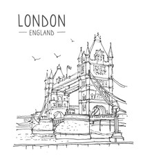 Obraz premium Sketch of Tower Bridge in London. Architecture sketch illustration. Hand drawn sketch of London city, UK. Sketch in black color on white background. Freehand drawing. Travel postcard. Vector