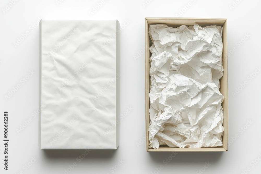 Poster the top view of the 3d model shows an open and closed white realistic cardboard box with brown paper