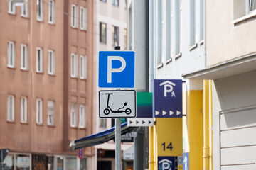 Traffic sign indicating a parking space for electric scooters in Germany, Augsburg, 1.8.2024