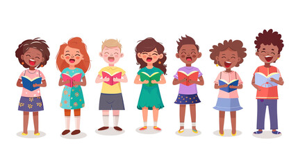 A group of children are standing in a line, together singing a song in a choir.