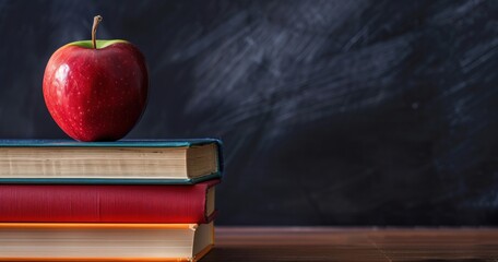Books textbooks lie on a table with an apple on top of them against a dark blackboard with space for your text.