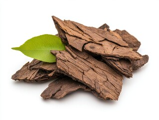 A collection of natural wooden bark pieces with a vibrant green leaf, ideal for organic or eco-friendly themes.