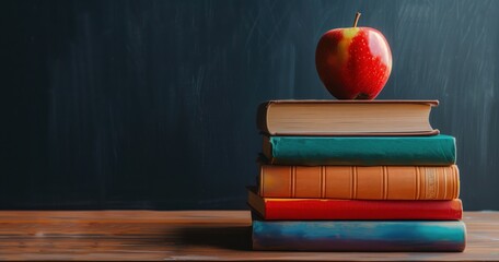 A stack of books with a red apple on top rests on a table against a blackboard backdrop