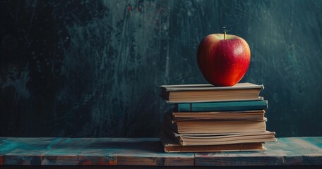 A stack of books with a red apple on top rests on a table against a blackboard backdrop