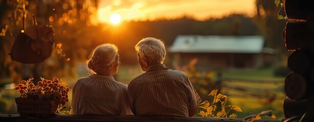 A warm image of an elderly couple watching the sunset from their porch