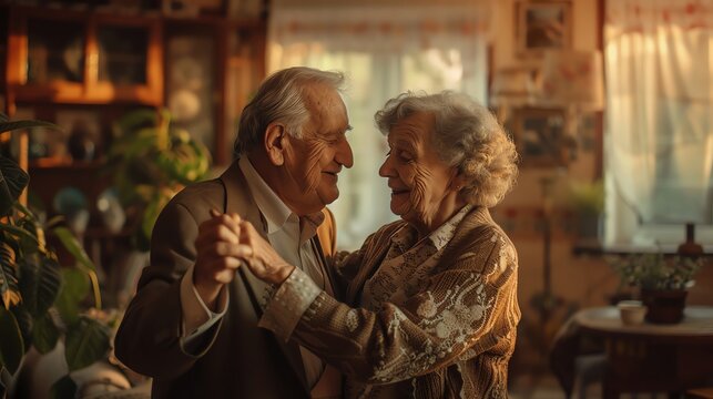 A delightful image of an elderly couple dancing in their living room - Powered by Adobe