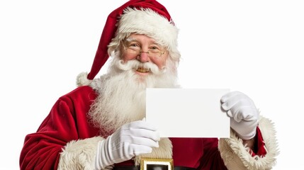 Naklejka premium Santa Claus Holding Blank White Card with Happy Smile. Concept of Christmas, Holiday Greetings, Festive Message, Seasonal Celebration. Greeting card, postcard, mockup, invitation, letter. Copy space