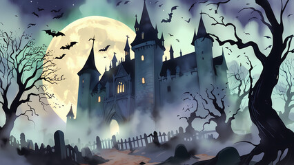 Anime style Eerie Gothic Castle on a Misty Full Moon Night