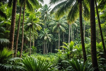 Fototapeta premium full framed background of dense tropical jungle with palm trees.