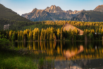 Mountain lake Strbske pleso. Strbske lake with view of the High Tatras National Park, Slovakia