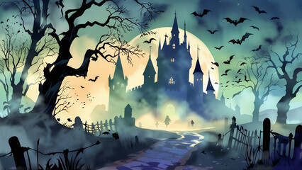 Anime Style Haunted Castle at Dusk with Full Moon and Bats