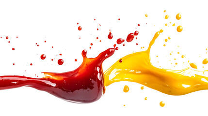 Delicious ketchup and mustard splashes isolated on white background