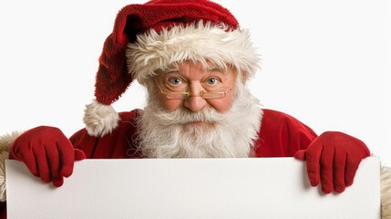 Naklejka premium Santa Claus in red suit peeking over blank white sign with cheerful expression. Concept of holiday season, Christmas, festive joy. Greeting card, postcard, mockup, invitation, letter. Copy space