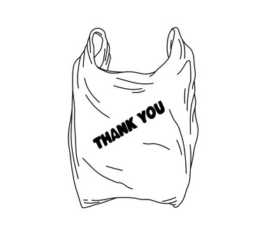 Vector isolated one single plastic bag package "Thank you" colorless black and white contour line easy drawing