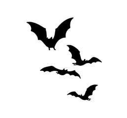 Vector isolated several flying bats in different poses  colorless black and white outline silhouette shadow shape