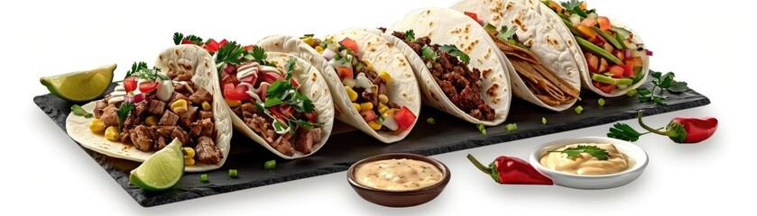 A vibrant platter of assorted tacos, garnished with fresh vegetables and served with creamy dip and lime. Perfect for food lovers.