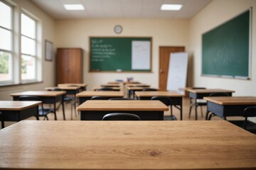 Wooden top with blurred empty classroom background can be used for mocking up or display product to make advertising.