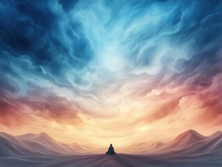 A lone figure meditates in a surreal landscape, surrounded by swirling clouds and a vibrant sky.