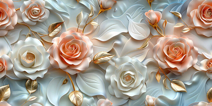 Fototapeta Seamless 3D White, Pink, and Red Cherry Blossom Flowers in Branches on a Light Background. Abstract Floral 3D Landscape Wall Sticker. Hd Seamless Magnolia, Frangipani, Rose Flower Wallpaper.