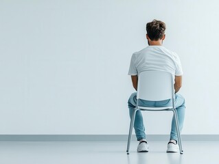 A man sitting on a chair facing a white wall, nervously awaiting the test, back to the camera
