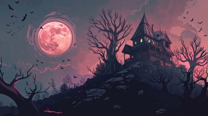 An old, spooky house on top of a hill with a full moon
