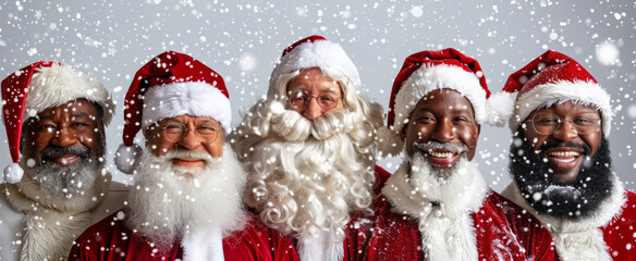 Five Santa Clauses of Various Races Wearing Red Hats and White Beards in a Snowfall Scene. Concept of Holiday Season, Multicultural Christmas Celebrations. Banner. Copy space