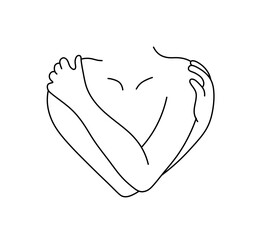 Vector isolated woman body hug yourself self love  colorless black and white contour line easy drawing