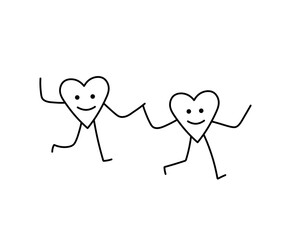 Vector isolated two hearts holding hands colorless black and white contour line easy drawing