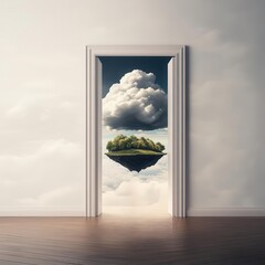 Fototapeta premium An open door leading to a surreal, floating island in the clouds.