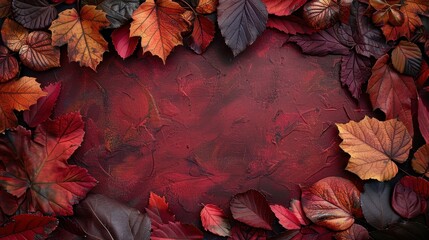 Fototapeta premium Autumnal Leaf Frame on a Reddish-Brown Background